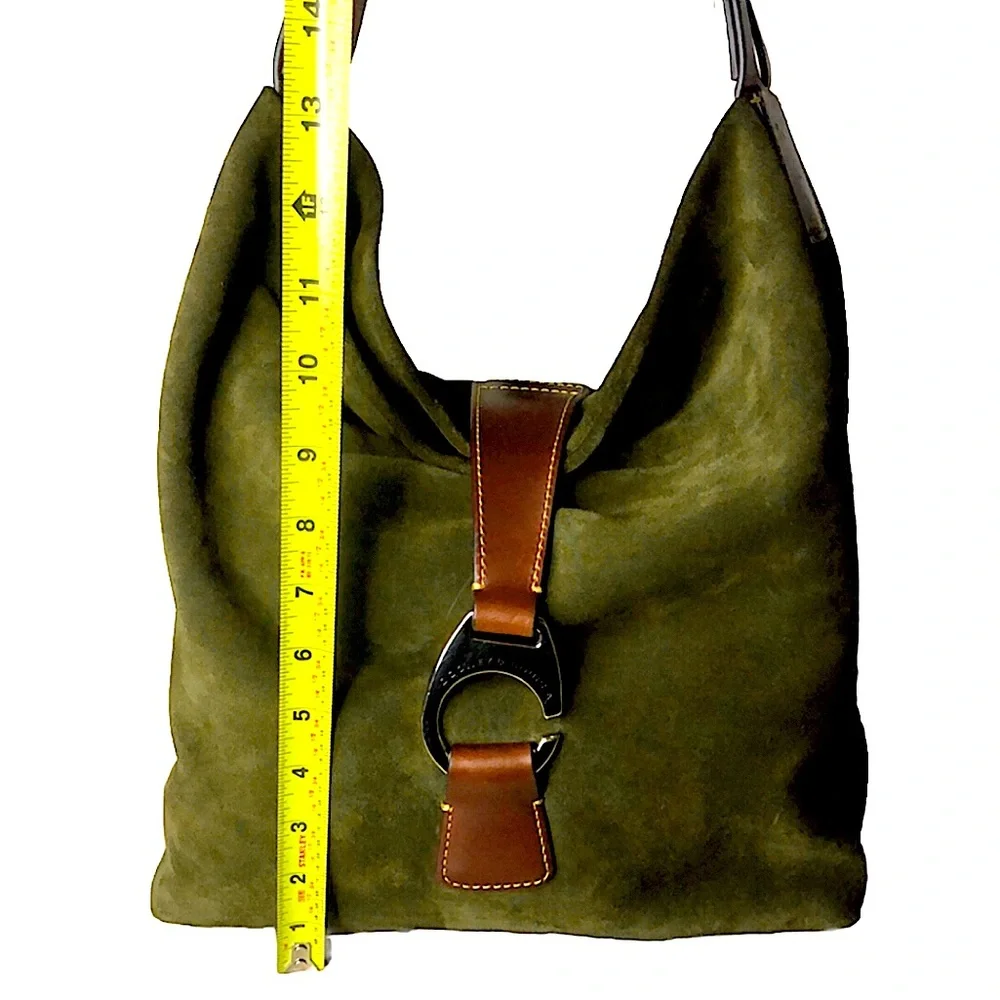 DOONEY BOURKE Olive Green Suede Hobo Bag Adjustable Brown Leather Shoulder Strap